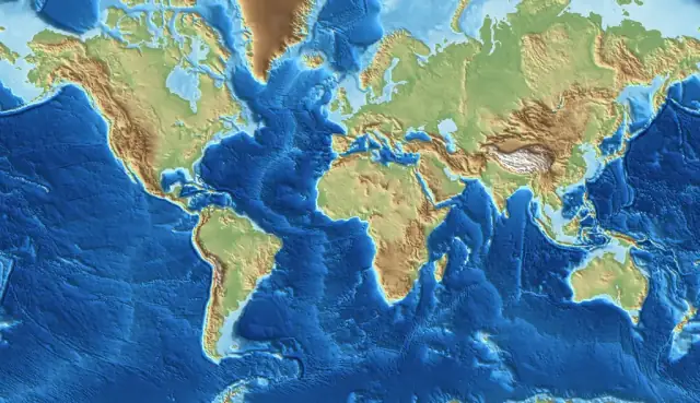 Shaded relief map of the world with the sea coloured by depth: dark blue for the deep ocean, light blue for shallow seas